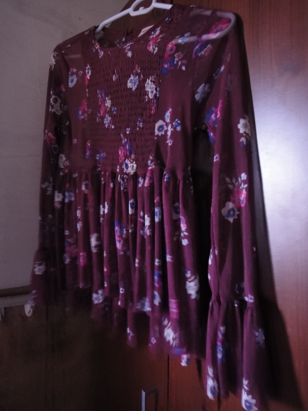 Boho Smocked Floral Peplum Top - Deep plum with Multicolor Flowers